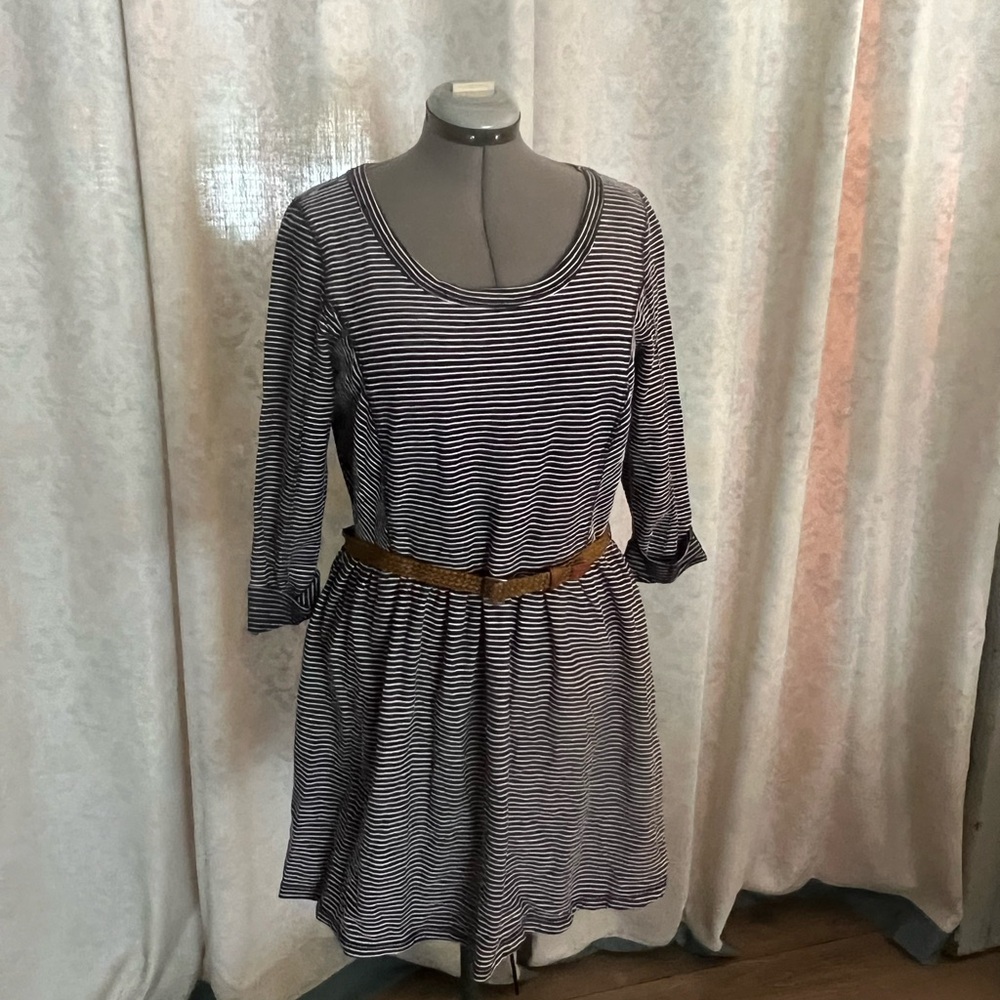 Navy and White Striped Belted Dress